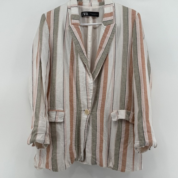 ZARA Striped Linen Blend Blazer Jacket Womens Medium Pink Green White - Picture 2 of 9